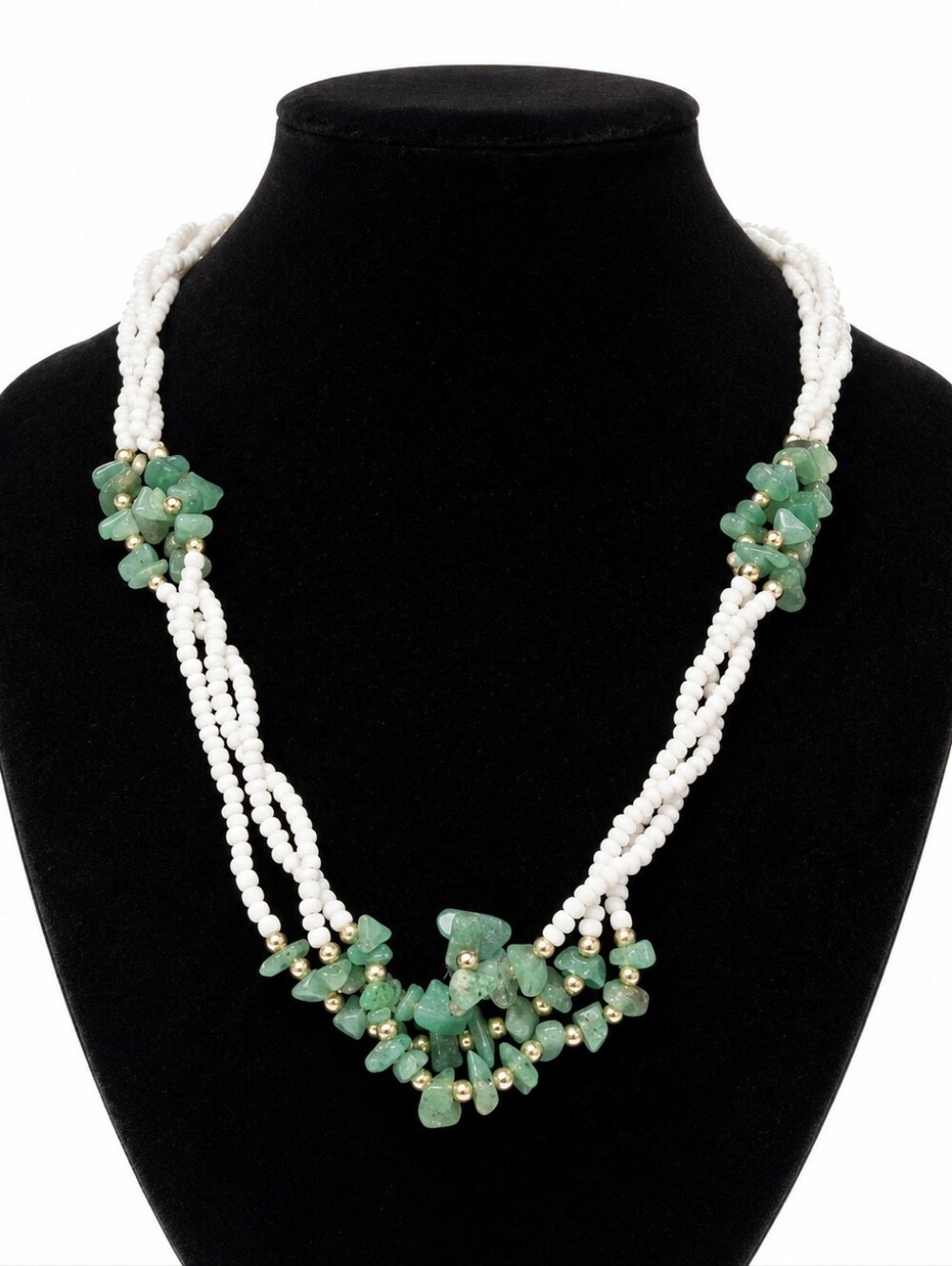 Green Stone Chip Multi Strand Beaded Necklace Boho Natural Gemstone Statement